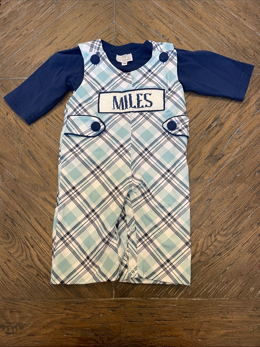 Sew Magnolia Plaid Baby Romper with Navy Shirt - "MILES" Embroidered